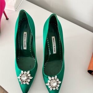 Manolo Blahnik Emerald Satin Heels with Crystal Detail